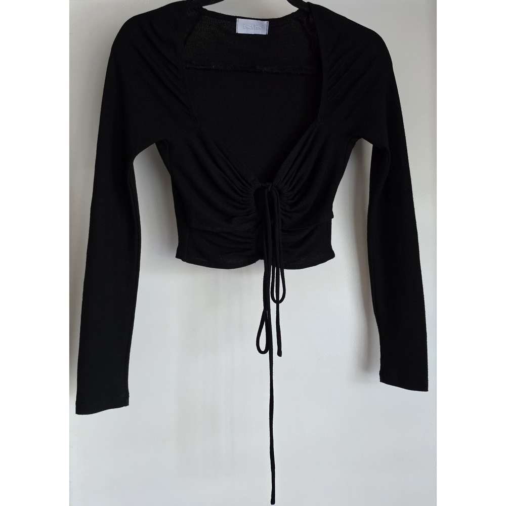 Isalis Women S Black Long Sleeve Scoop Neck Blouse Crop Top Front Tie